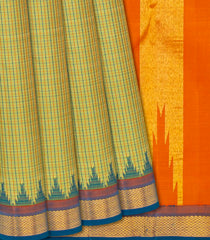 Cardamom Green Handloom Kanchipuram Korvai Silk Saree With Checks -Cardamom Green