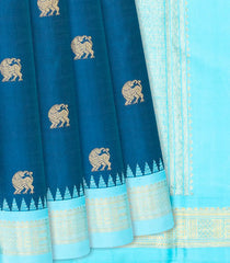 Blue Handloom Kanchipuram Korvai Silk Saree With Yazhi Buttas-Blue