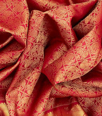 Crimson Handloom Kanchipuram Silk Saree With Horse Motifs-Crimson