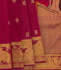 Crimson Handwoven Kanchipuram "Hamsa Damayanthi" Silk Saree-Crimson