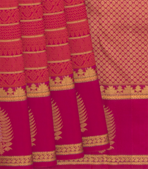 Pink Handwoven Kanchipuram Silk Saree With Small Motifs In Striped Pattern and Beldari Zari Stripes-Pink