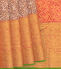 Beige Handwoven Kanchipuram Silk Saree With Vine Motifs in Evening Morning Zari Border-Beige