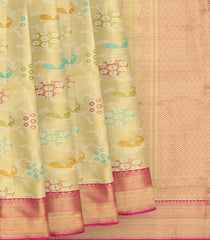 Mint Green Handwoven Kanchipuram Korvai Tissue Silk Saree With Peacock Vine Motifs & Pink Zari Border-Mint Green