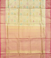 Mint Green Handwoven Kanchipuram Korvai Tissue Silk Saree With Peacock Vine Motifs & Pink Zari Border-Mint Green