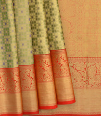 Mint Green Handwoven Kanchipuram Korvai Tissue Silk Saree With Checks & Annam, peacock Motifs in Red Border-Mint Green