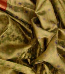 Mint Green Handwoven Kanchipuram Korvai Tissue Silk Saree With Checks & Annam, peacock Motifs in Red Border-Mint Green