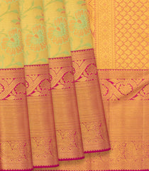 Gold Handwoven Kanchipuram Tissue Silk Saree With Floral Vine Motifs & Evening Morning Zari Border-Gold