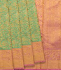 Aquamarine Handwoven Kanchipuram Korvai Tissue Silk Saree With Floral Vine Motifs & Contrast Pink Border, Pallu-Aquamarine