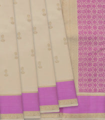 Cream Handloom Kanchipuram Silk Saree With Jumka Motifs-Cream