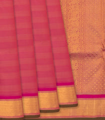 Pink Handloom Kanchipuram Vairaoosi Silk Saree With Stripes & Solid Border-Pink