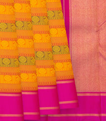 Mustard Handloom Kanchipuram Silk Saree With Mango Motifs in Stripes & Pink Border-Mustard