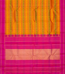 Mustard Handloom Kanchipuram Silk Saree With Mango Motifs in Stripes & Pink Border-Mustard