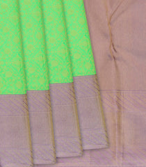 Green Handloom Kanchipuram Silk Saree With Floral Vine Motifs-Green