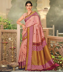 Baby Pink Handloom Natural Dyed Silk Saree With Kamalam Motifs