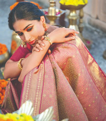 Maroon Handloom Natural Dyed Silk Saree With Kamalam Motifs