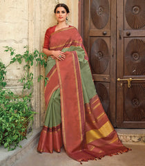 Mint Green Handloom Kanchipuram Natural Dyed Korvai Silk Saree