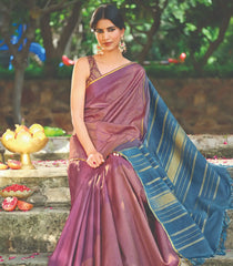 Lilac Handloom Kanchipuram Natural Dyed Rising Border Silk Saree