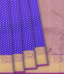 Blue Handloom Kanchipuram Silk Saree With Floral Motifs & Magenta Pallu-Blue