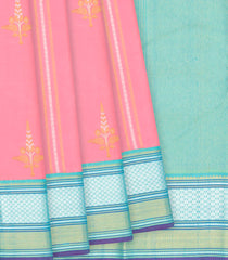 Baby Pink Handloom Kanchipuram Korvai Silk Saree With Floral Butta & Turquoise Border-Baby Pink