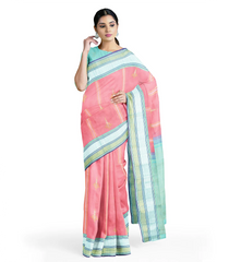 Baby Pink Handloom Kanchipuram Korvai Silk Saree With Floral Butta & Turquoise Border-Baby Pink