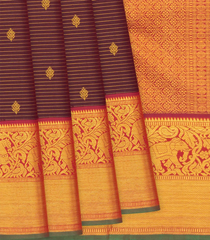 Maroon Handloom Kanchipuram Silk Saree With Stripes & Elephant Motifs In Border-Maroon