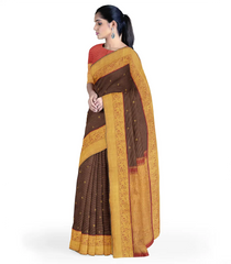 Maroon Handloom Kanchipuram Silk Saree With Stripes & Elephant Motifs In Border-Maroon