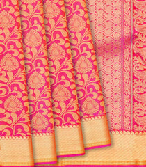 Hot Pink Handloom kanchipuram Silk Saree With Floral Vine Zari Motifs-Hot Pink