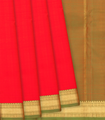 Red Handloom Kanchipuram Silk Saree With Checks & Green Pallu-Red