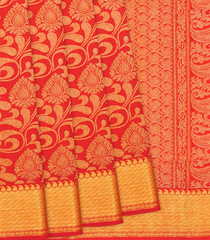 Red Handloom Kanchipuram Silk Saree With Floral Vine Motifs-Red