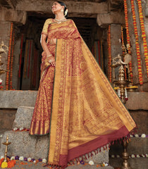 Crimson Handloom Natural Dyed Kanchipuram Revival Silk Saree With Gandaberunda Motifs