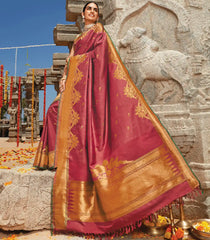 Crimson Handloom Natural Dyed Kanchipuram Revival Silk Saree With Uppada Parrot Motifs-Crimson