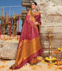 Crimson Handloom Natural Dyed Kanchipuram Revival Silk Saree With Uppada Parrot Motifs-Crimson