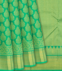 Green Handloom Kanchipuram Silk Saree With Floral Motifs-Green