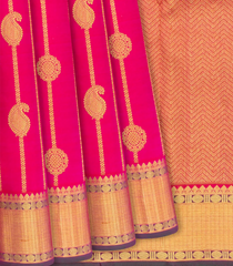 Hot Pink Handloom Kanchipuram Silk Saree With Mango Motif Stripes-Hot Pink