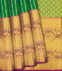 Green Handloom Kanchipuram Silk Saree With Zari Stripes-Green