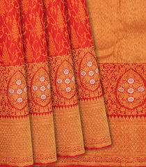 Red Handloom Kanchipuram Silk Saree With Floral Vine Motifs-Red