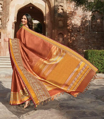 Rust Handwoven Natural Dyed Kanchipuram Bhujodi Motif Saree -Rust