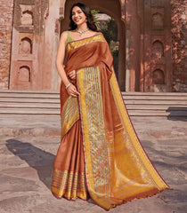 Rust Handwoven Natural Dyed Kanchipuram Bhujodi Motif Saree -Rust