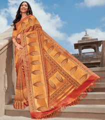 Honey Rust Handwoven Natural Dyed Kanchipuram Floral "Amarvel" Motif Paithani Saree-Rust