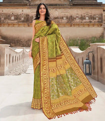 Green Ethreal Fusion Handloom Natural Dyed Lino Varna Silk Saree-Green