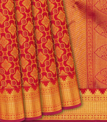 Red Handloom Kanchipuram Silk Saree With Floral Jaal Motifs-Red