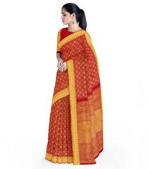 Red Handloom Kanchipuram Silk Saree With Floral Jaal Motifs-Red