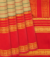 Beige Handloom Kanchipuram Korvai Silk Saree With Beldari Stripes-Beige