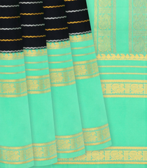 Black Handloom Kanchipuram Korvai Silk Saree With Beldari Stripes-Black