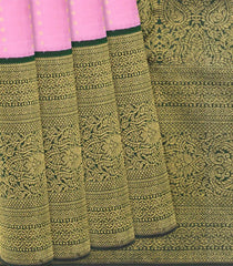 Baby Pink Handloom Kanchipuram Korvai Silk Saree With Green Border-Baby Pink