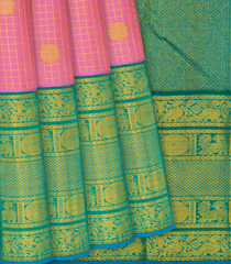 Bubble-gum Pink Handloom Kanchipuram Korvai Silk Saree With Checks & Buttas-BubbleGum Pink