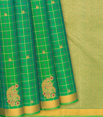 Green Handloom Kanchipuram Silk Saree With Floral Buttas & Checks-Green