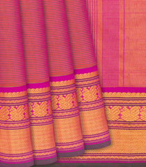 Pink Handloom Kanchipuram Silk Saree With Stripes-Pink