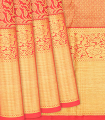 Red Handloom Kanchipuram Silk Saree With Floral Vine Motifs-Red