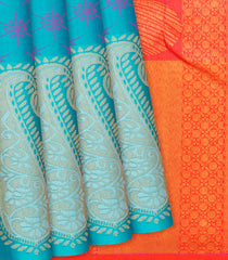 Cyan Handloom Kanchipuram Silk Saree With Mango Motifs-Cyan